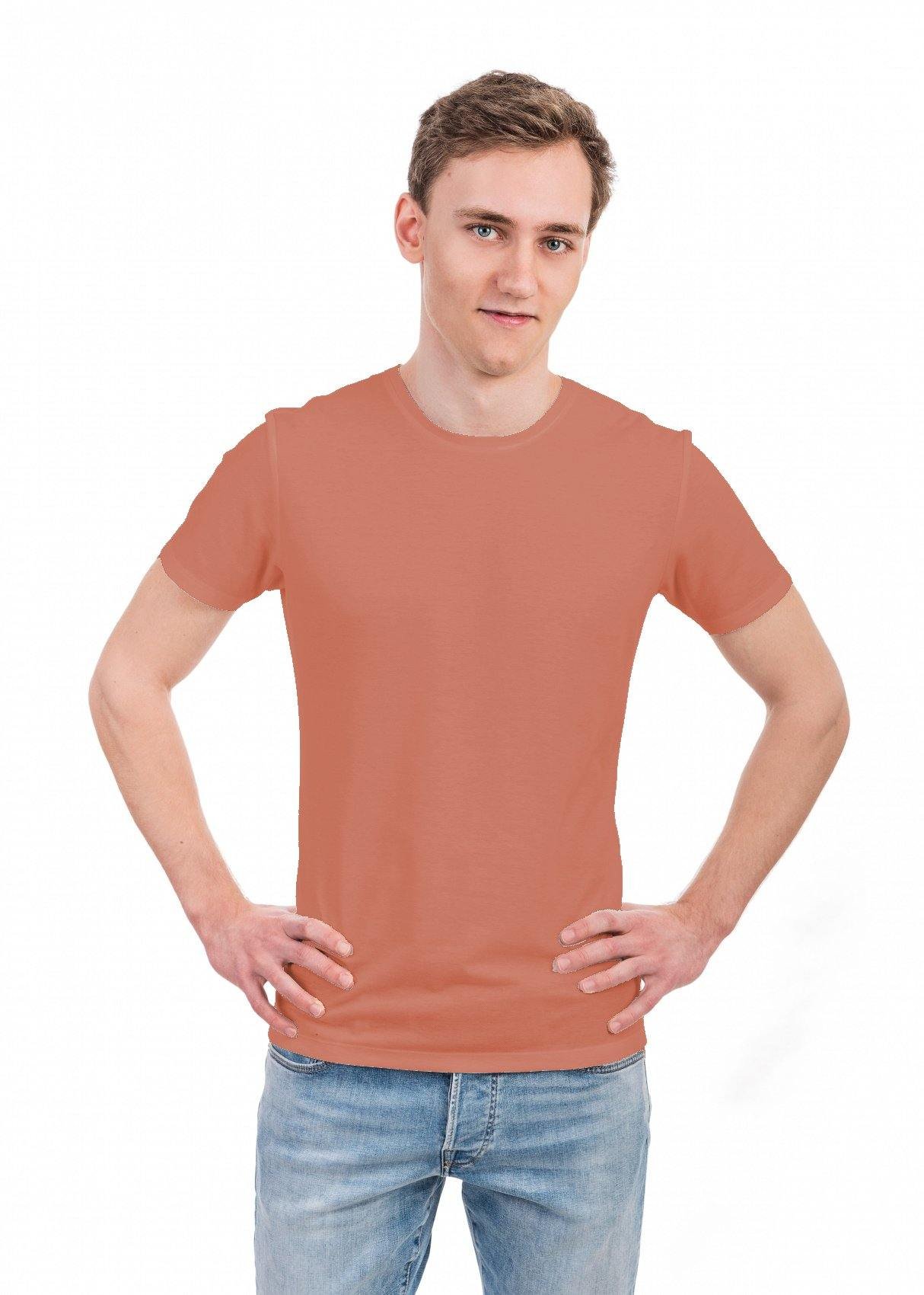 1. Men's terracotta tan-through t-shirt by Smarttan, worn by male model in studio, showcasing comfortable fit and breathable fabric