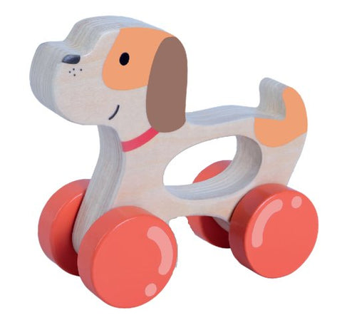 3. Gerardo's Toys wooden dog toy with orange wheels and brown ears on white background