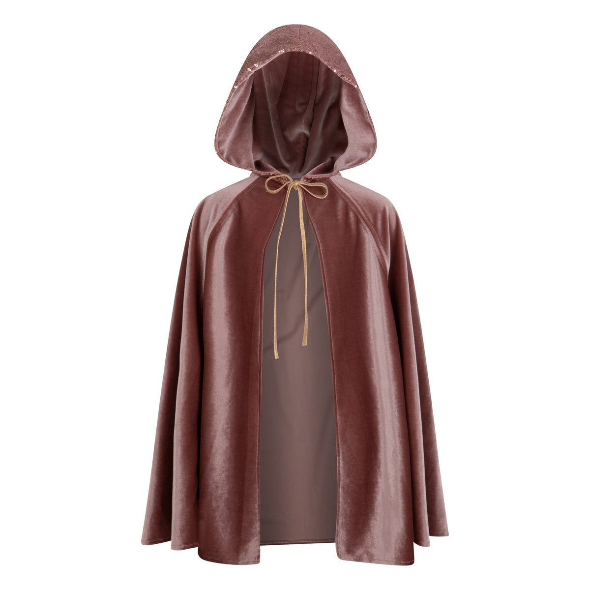 2. Studio shot of children's shimmering cosmic pearl cape with deep hood and snap fastening, made of soft velour by moi mili