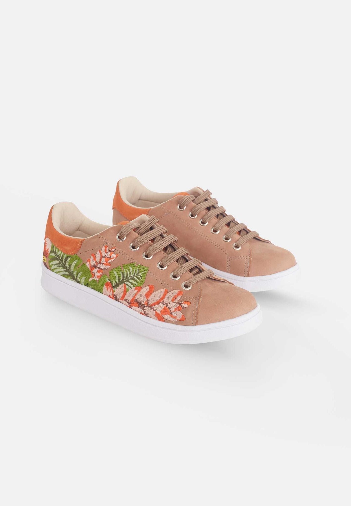 7. Studio shot of women's Mangará embroidery suede sneakers in brown, showing top view with floral design