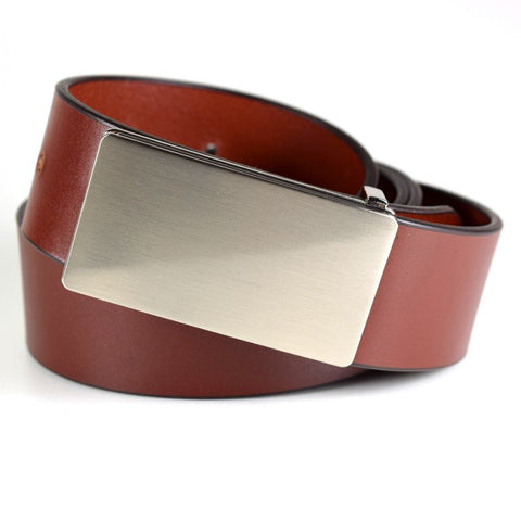 3. Men's cognac leather belt by Papillon with sleek brushed nickel buckle, studio shot