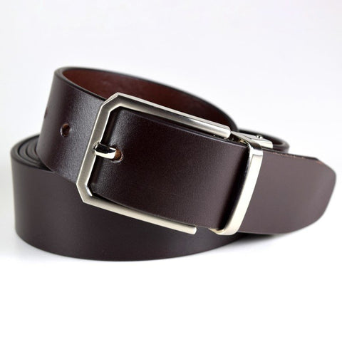 1. Men's dark brown leather belt by Papillon with brushed nickel buckle, studio shot