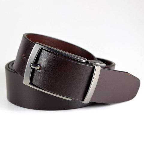 3. Men's dark brown leather belt by Papillon with stylish brushed black nickel buckle, studio shot