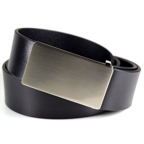2. Men's black leather belt by Papillon featuring brushed nickel buckle, studio shot