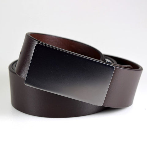 2. Men's dark brown leather belt by Papillon featuring a brushed black nickel buckle, studio shot