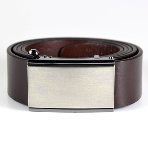 1. Men's dark brown leather belt by Papillon with brushed nickel ratchet buckle, studio shot