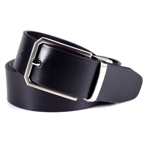 2. Men's black leather belt by Papillon featuring brushed nickel buckle, studio shot