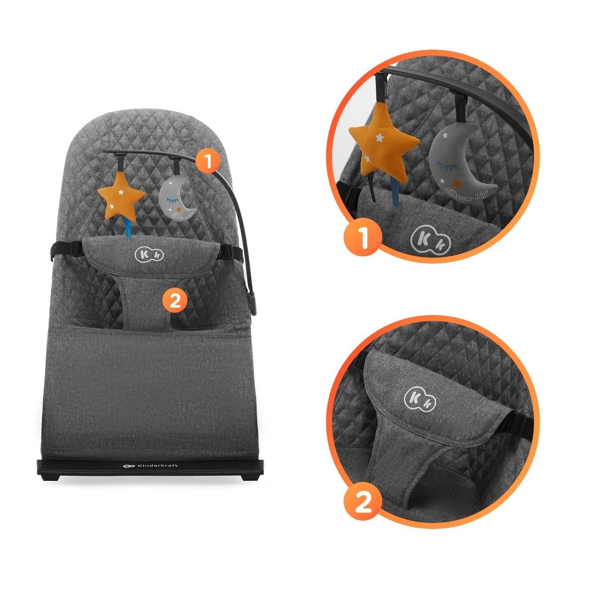 3. Close-up of Kinderkraft MIMI bouncer's toy bar with star and moon toys and quilted fabric detail