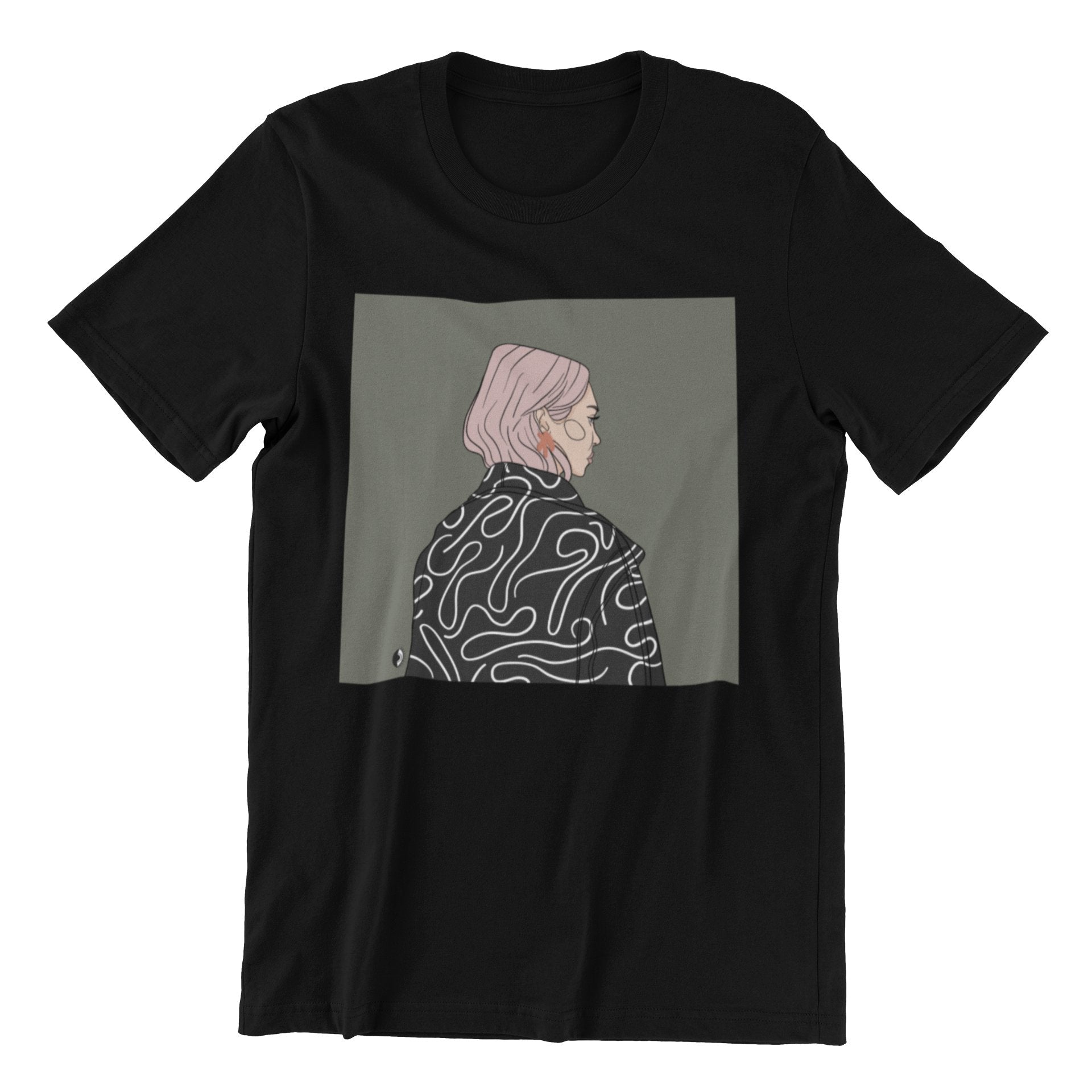 1. Unisex black organic cotton t-shirt with illustration by Getter Tiivits, featuring oversized fit and eco-friendly print