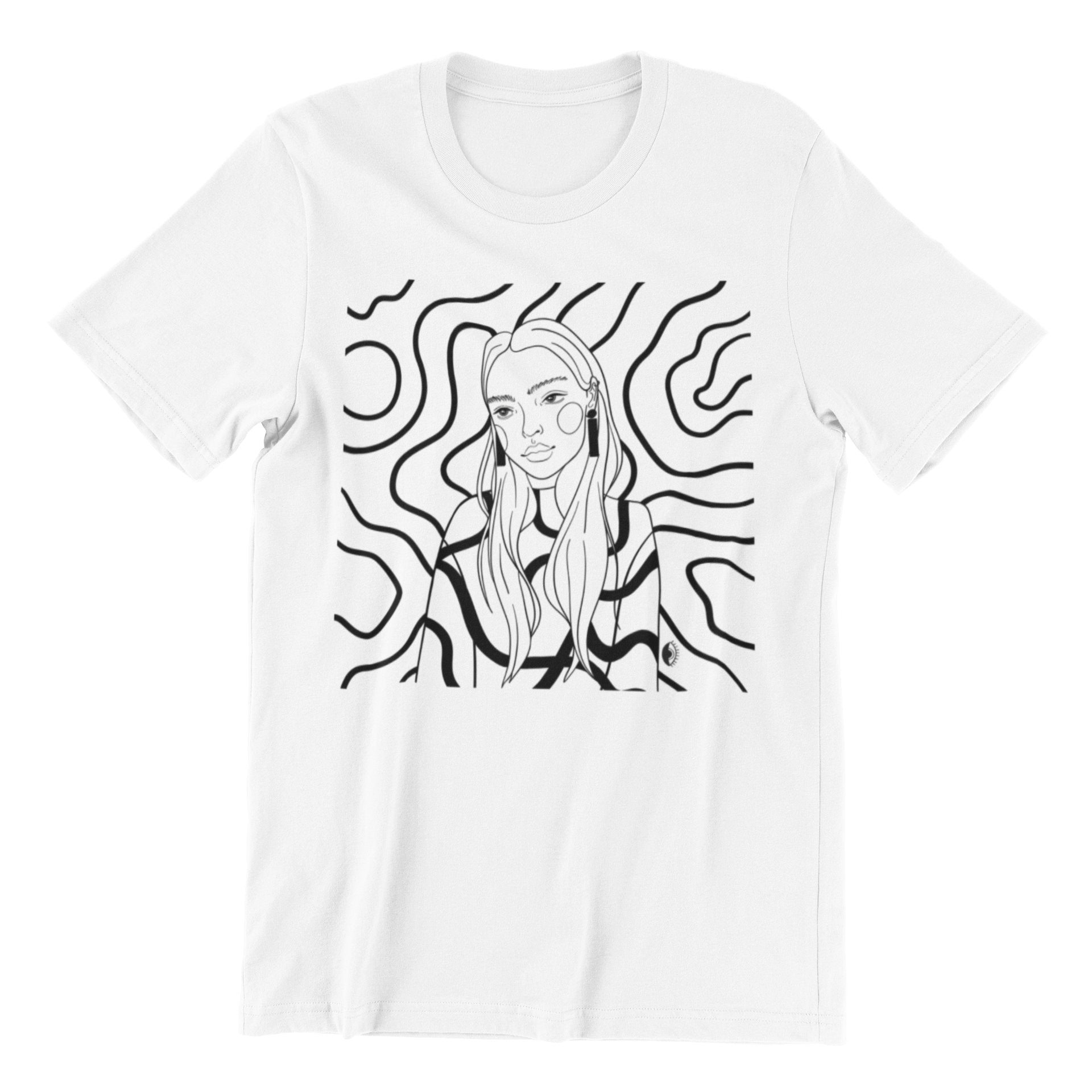 1. Unisex organic cotton t-shirt with black and white illustration by Getter Tiivits, shown in studio setting