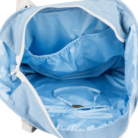5. Interior view of blue weekender bag showing waterproof lining and inner pockets