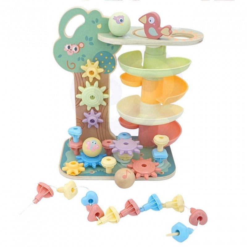 10. Woopie Montessori 4-in-1 activity tree with detachable pieces, including gears, marbles, and a bead maze.