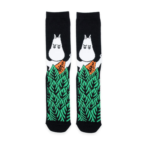 2. Moomin Jungle men's retro socks in black with playful Moomin design, shown in studio
