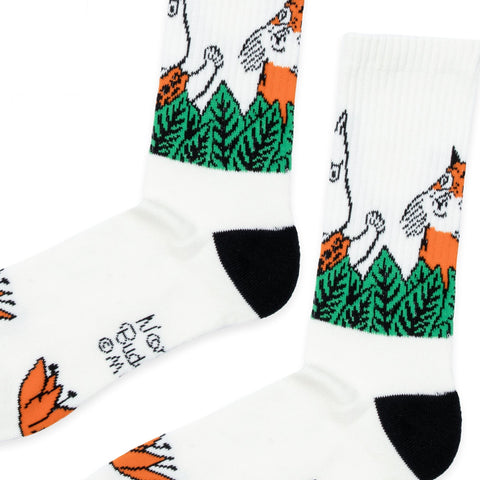 3. Close-up of Moomin Jungle men's retro socks highlighting detailed jungle pattern and branding