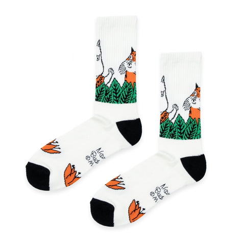 2. Studio image of Moomin Jungle men's retro socks in white with colorful jungle design