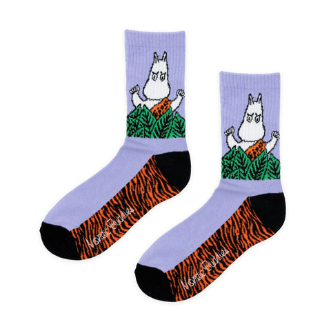 2. Studio image of Moomin Jungle Women's Retro Socks in purple with jungle theme