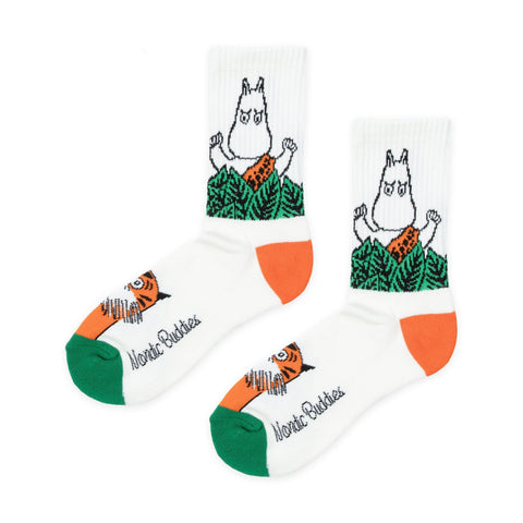 2. Moomin Jungle Women's Retro Socks in white with green and orange design, featuring Moomin character and Nordic Buddies branding