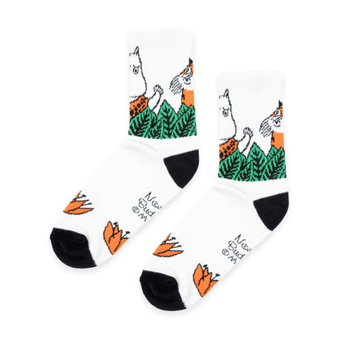 2. Studio image of Moomin Jungle Women's Retro Socks in white with playful design