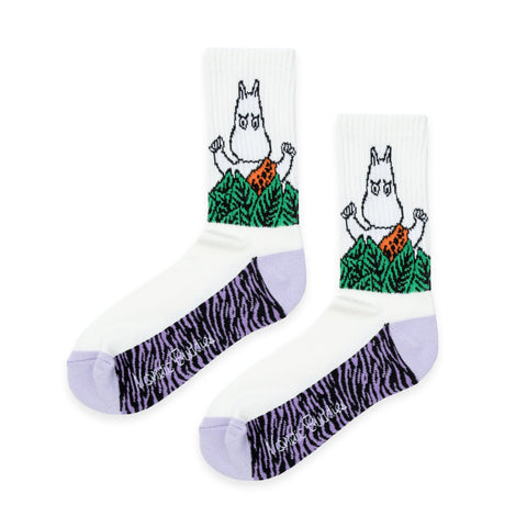 2. Studio image of Moomin Jungle Women's Retro Socks in white with colorful Moomin character design