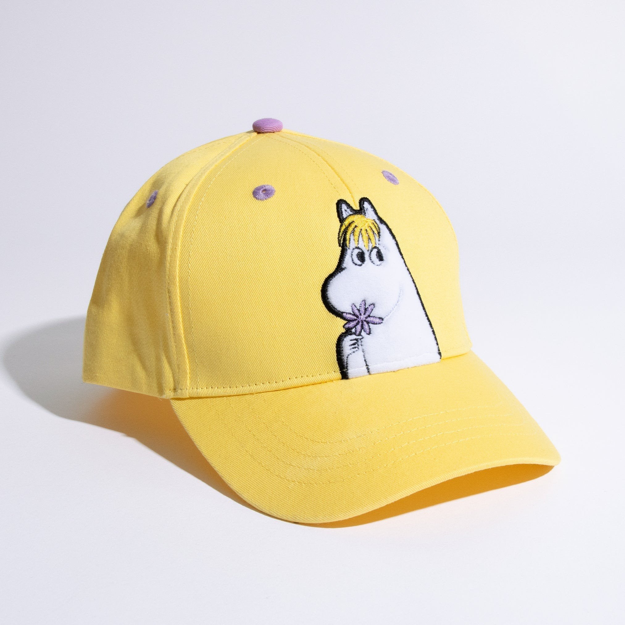 1. Moomin Snorkmaiden kids cap in vibrant yellow with embroidered character, shown in studio