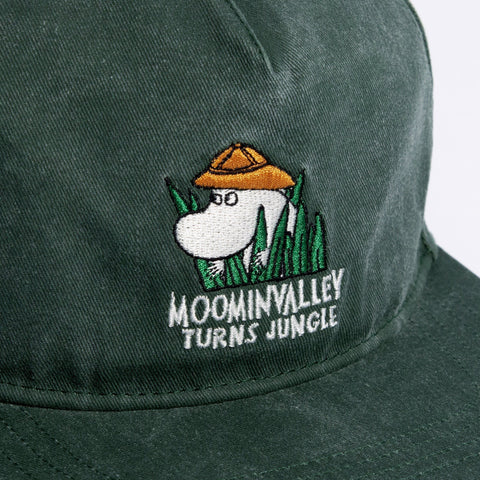 4. Close-up of Moominvalley Turns Jungle embroidery on Denim Green cap by NordicBuddies