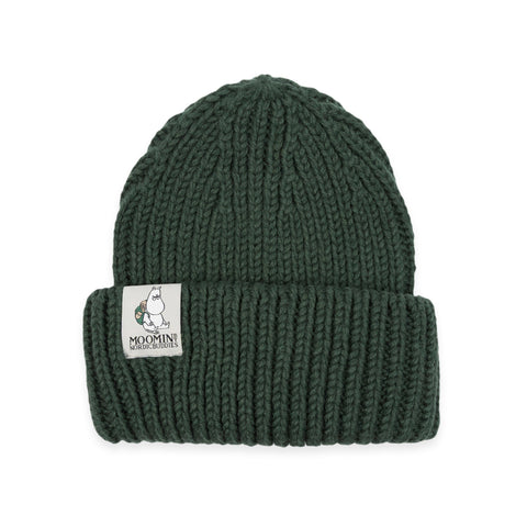 4. Flat lay of green Moomintroll chunky beanie by NordicBuddies with visible logo patch
