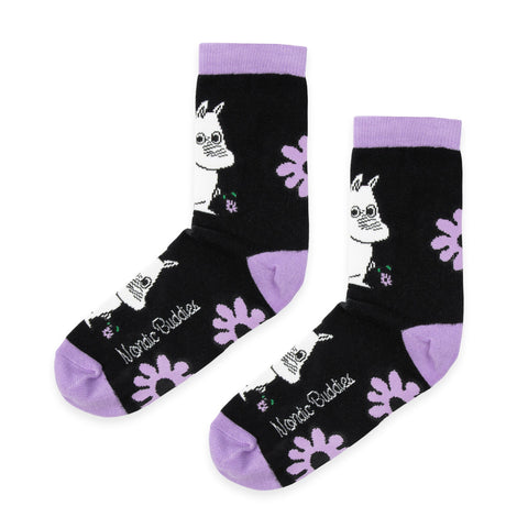 1. Women's Moomintroll Flower socks by NordicBuddies in black with purple accents, featuring Moomin character and floral design