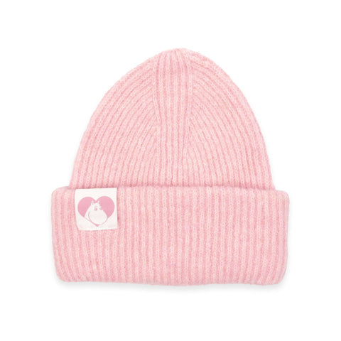 2. Pink ribbed beanie with Moomin character patch, studio shot