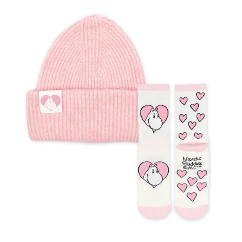 1. Pink ribbed beanie and white socks with pink hearts and Moomin character, flat lay