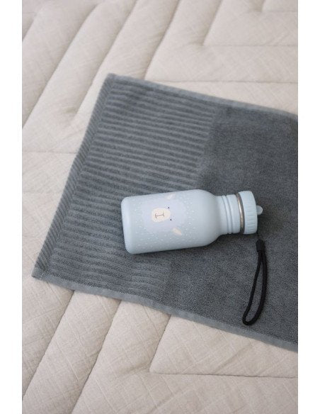 1. Light blue stainless steel bottle with alpaca design on grey textured fabric