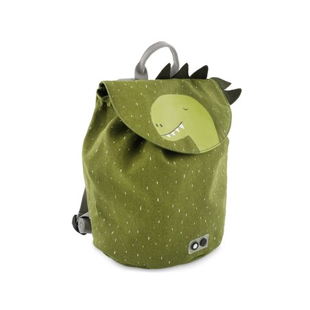 2. Green dinosaur-themed mini backpack with drawstring closure and black spikes, shown on a black background