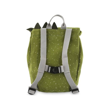 2. Back view of green dinosaur-themed mini backpack with grey straps and black spikes, shown on a black background
