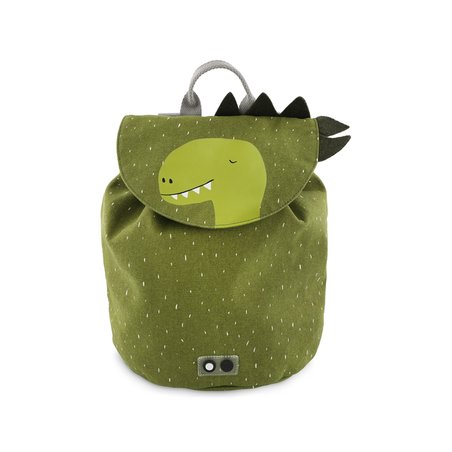 2. Front view of green dinosaur-themed mini backpack with drawstring closure and black spikes, shown on a black background