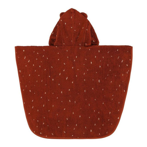 2. Back view of Trixie Baby Mr. Monkey hooded bathing poncho for kids, showing the hood with monkey ears and a dotted pattern on brown organic terry cloth.