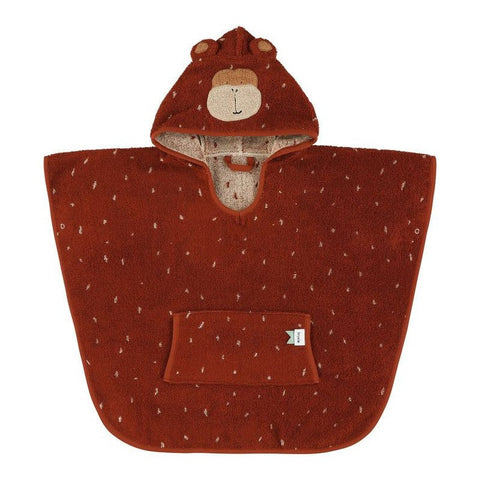 1. Front view of Trixie Baby Mr. Monkey hooded bathing poncho for kids, featuring a playful monkey face on the hood and a front pocket, made from organic terry cloth in a rich brown color.