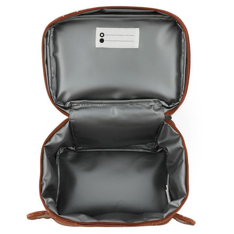 3. Open Trixie Baby Mr. Monkey thermal lunch bag showing spacious grey isothermal lining and name tag inside