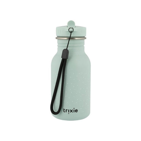 2. Light blue stainless steel bottle with Trixie logo and black carrying loop, featuring a child-friendly cap