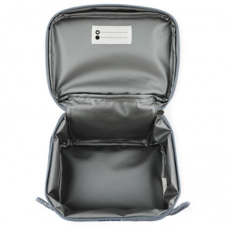 4. Interior view of Trixie Baby Mr. Elephant thermal lunch bag with isothermal lining and name tag