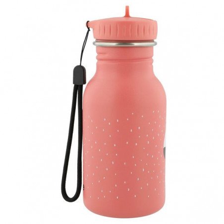 6. Pink stainless steel bottle with flamingo design, side view with black loop