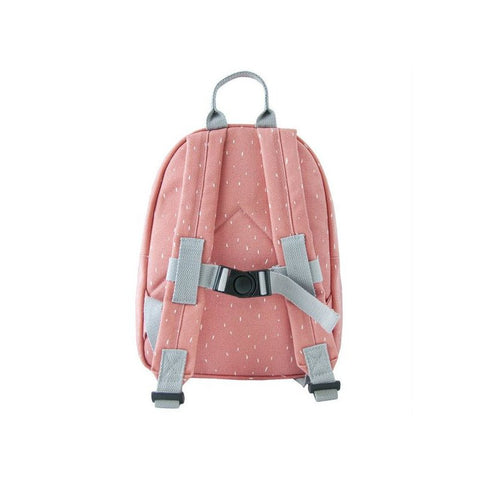 2. Back view of pink children's backpack showing adjustable grey shoulder straps and chest strap, Trixie Baby brand