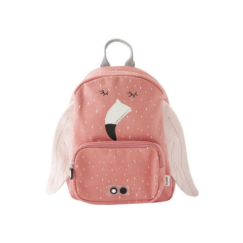 2. Pink children's backpack with flamingo design, front view showing main compartment and front pocket, Trixie Baby brand
