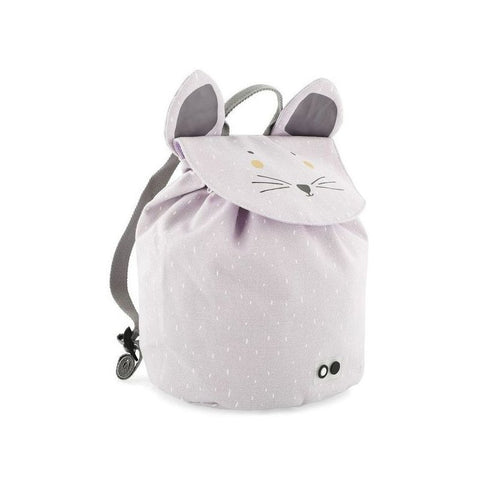 1. Trixie Baby Mini Drawstring Backpack in light purple with mouse face and ears, side view showing drawstring closure and adjustable strap