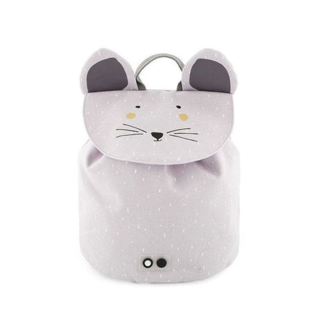 2. Front view of Trixie Baby Mini Drawstring Backpack in light purple with mouse face and ears, featuring a playful design
