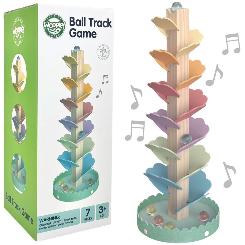 5. Woopie Let's Go Green ball track game packaging and product with musical notes illustration