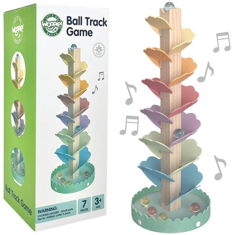 5. Woopie Let's Go Green ball track game packaging and product with musical notes illustration