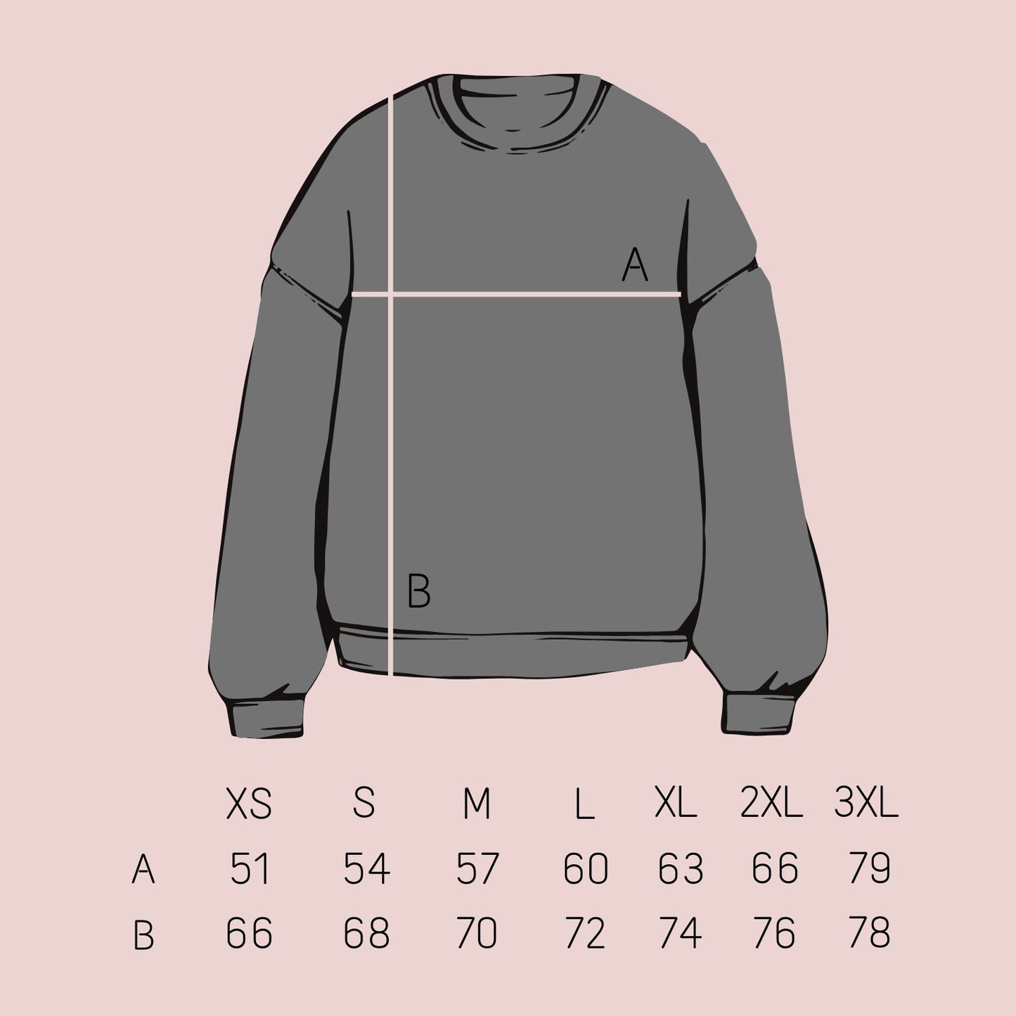 2. Size chart for unisex crewneck sweatshirt, showing measurements for XS to 3XL