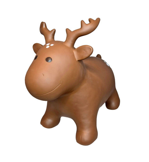 1. Brown moose-shaped hopper toy made from non-slip food-grade material, designed for active play and balance development, shown in a studio setting