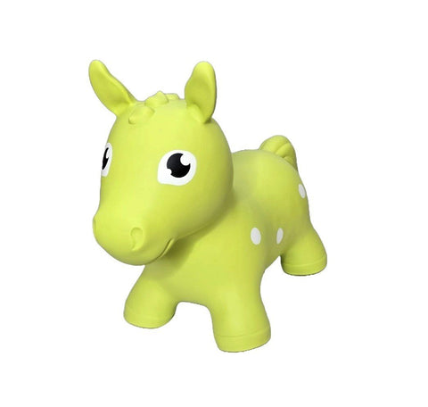 2. Green horse-shaped hopper toy with white spots made from non-slip food-grade material, shown in studio setting