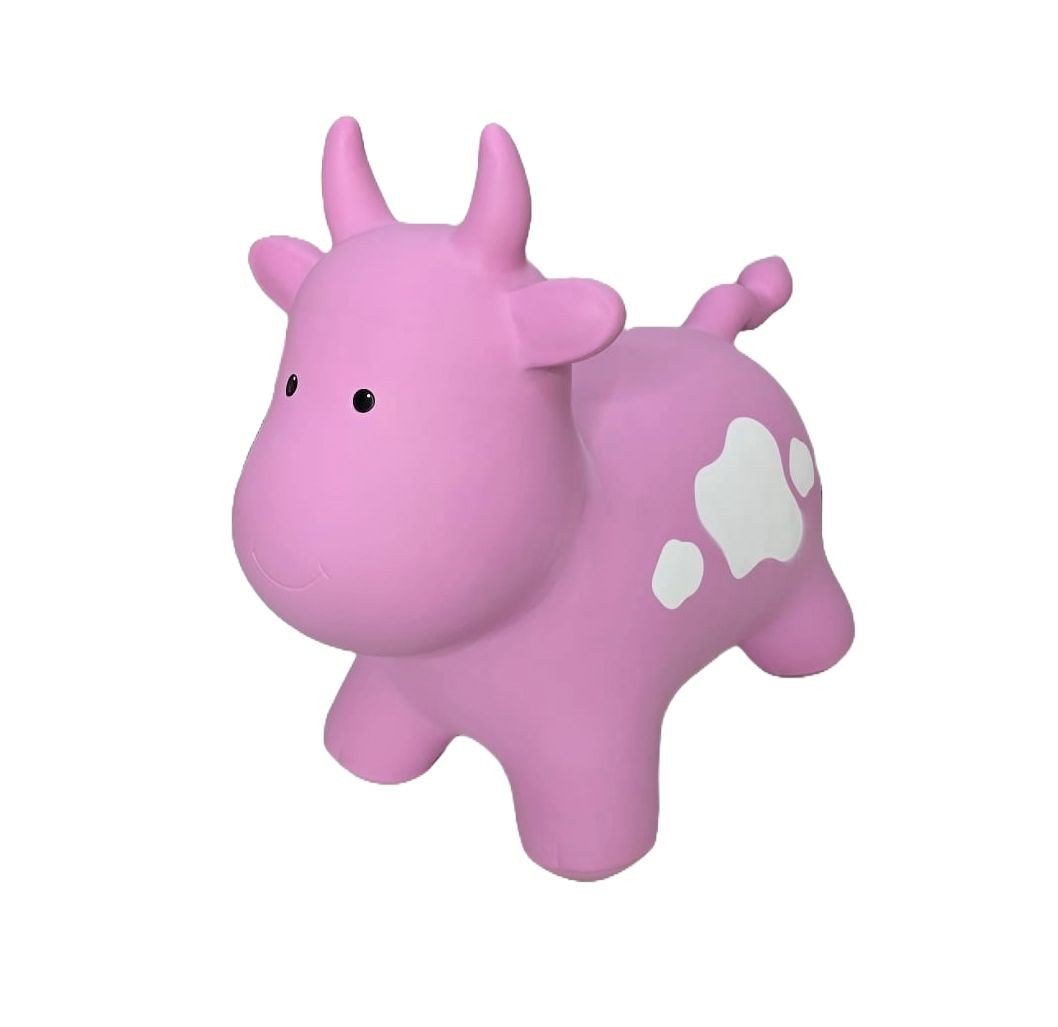 2. Pink cow-shaped hopper toy with white spots made from non-slip food-grade material, shown in studio setting