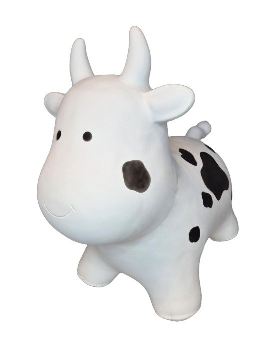 3. Studio shot of Gerardo's Toys My First JUMPY white cow hopper toy with black spots